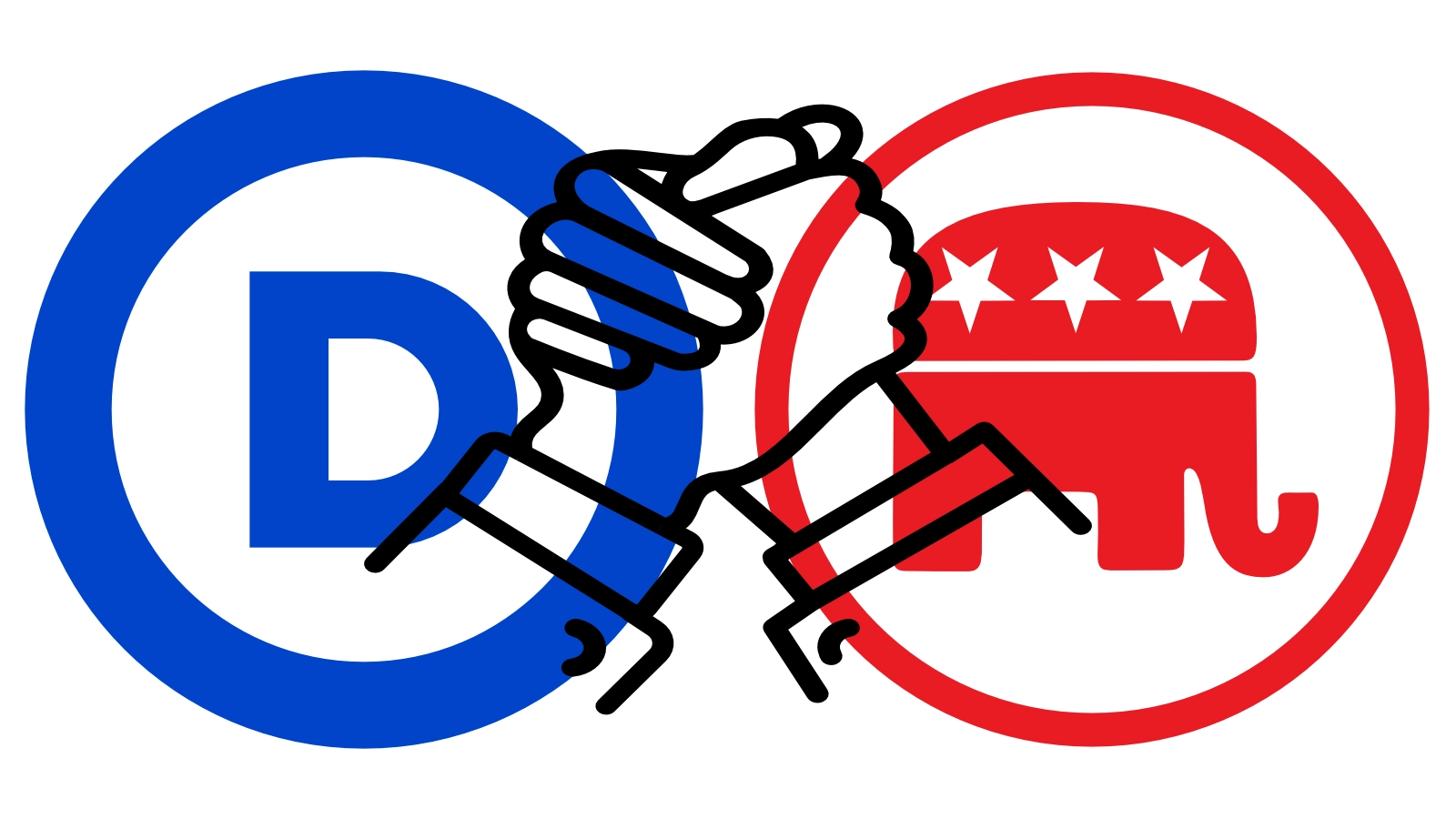 US Democratic and Republican logos with arm wrestling icon