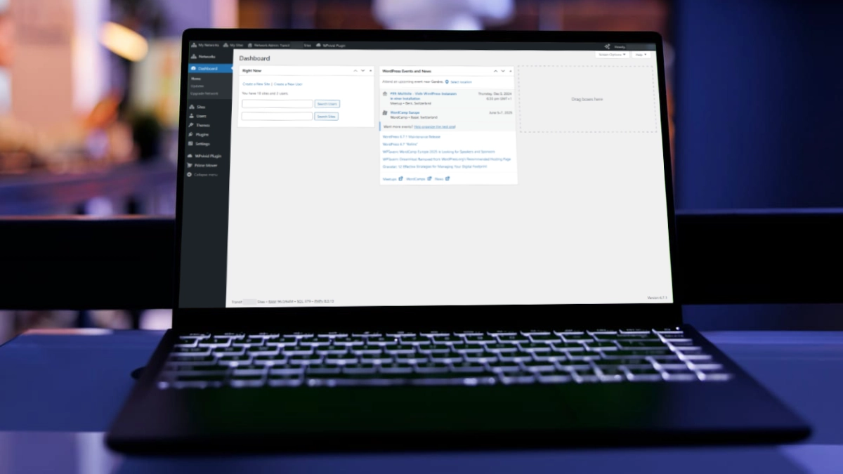 Laptop with WordPress multisite dashboard