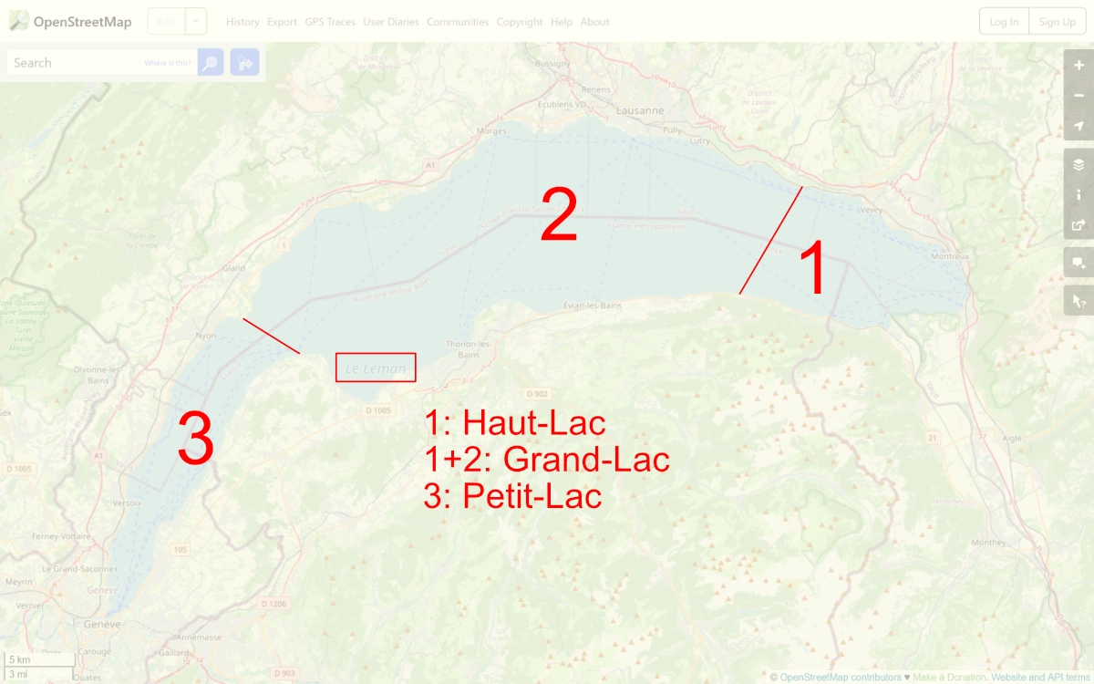 OpenStreetMap capture of Le Léman, with delimitation marks for Haut-Lac, Grand-Lac, Petit-Lac