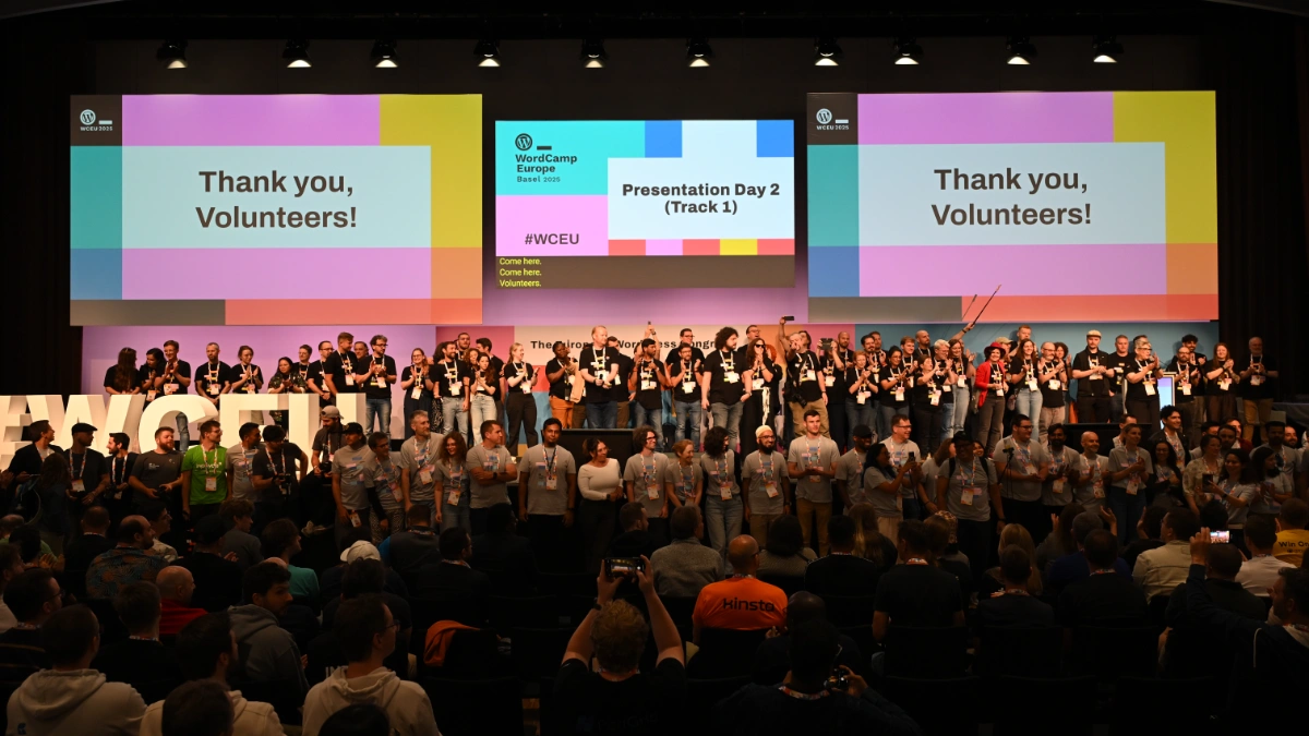Group photo of WordCamp Europe organisers and volunteers. Photo by Chris Clarke